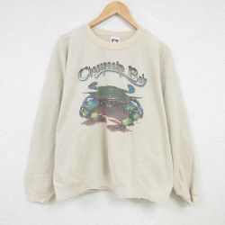【50%OFF】XL★古着 長袖 スウェット メンズ 00年代 00s カニ 大きいサイズ クルーネック ベージュ カーキ 25jan27 中古 スエット トレーナー トップス