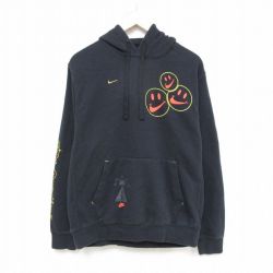 L★古着 ナイキ NIKE 長袖 スウェット パーカー メンズ ワンポイントロゴ スマイル 黒 ブラック 25feb03 中古 スエット トレーナー トップス