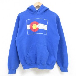 【50%OFF】M★古着 長袖 スウェット パーカー メンズ 00年代 00s コロラド ロッキーマウンテンフラッグ 青 ブルー 25feb04 中古 スエット トレーナー トップス