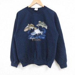 【50%OFF】M★古着 長袖 スウェット メンズ 00年代 00s 魚 クルーネック 紺 ネイビー 25feb04 中古 スエット トレーナー トップス