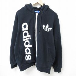 XL★古着 アディダス adidas 長袖 フルジップ スウェット パーカー メンズ ビッグロゴ リーフ トレフォイル 黒 ブラック 25feb05 中古 スエット トレーナー トップス