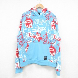 XL★古着 長袖 スウェット パーカー メンズ 総柄 水色 25feb06 中古 スエット トレーナー トップス