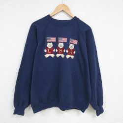 L★古着 ヘインズ Hanes 長袖 スウェット メンズ 90年代 90s クマ 星条旗 クルーネック 紺 ネイビー 25feb08 中古 スエット トレーナー トップス
