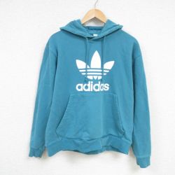 XL★古着 アディダス adidas 長袖 スウェット パーカー メンズ リーフ トレフォイル コットン 青緑 25feb08 中古 スエット トレーナー トップス
