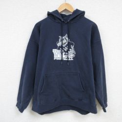 XL★古着 ヘインズ Hanes 長袖 スウェット パーカー メンズ 00年代 00s オオカミ サッカー 紺 ネイビー 25feb08 中古 スエット トレーナー トップス