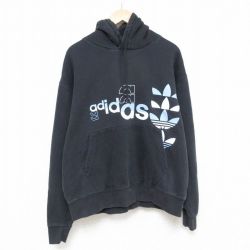 XL★古着 アディダス adidas 長袖 スウェット パーカー メンズ ビッグロゴ リーフトレフォイル 大きいサイズ クルーネック 黒 ブラック 25feb10 中古 スエット トレーナー トップス