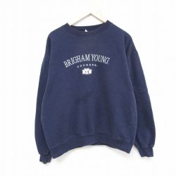 XL★古着 長袖 スウェット メンズ ブリガムヤング 刺繍 クルーネック 紺 ネイビー 25feb10 中古 スエット トレーナー トップス