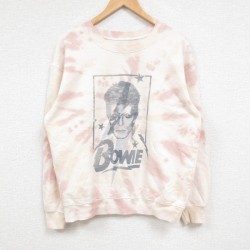 M★古着 長袖 スウェット メンズ デビッドボウイ クルーネック 薄オレンジ タイダイ 25feb13 中古 スエット トレーナー トップス