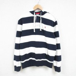 L★古着 ラルフローレン Ralph Lauren 長袖 ブランド スウェット パーカー メンズ 90年代 90s ワンポイントロゴ 白他 ホワイト ボーダー フード内側サーマル 25feb14 中古 スエット トレーナー トップス