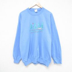 【50%OFF】XL★古着 長袖 スウェット メンズ 00年代 00s 木 刺繍 大きいサイズ クルーネック 水色 25feb14 中古 スエット トレーナー トップス