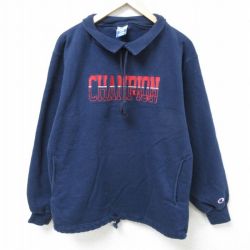 【50%OFF】L★古着 チャンピオン Champion 長袖 スウェット メンズ 90年代 90s ビッグロゴ 刺繍 襟付き USA製 紺 ネイビー 25feb18 中古 スエット トレーナー トップス
