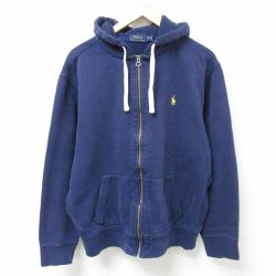 XL★古着 ラルフローレン Ralph Lauren 長袖 ブランド フルジップ スウェット パーカー メンズ ワンポイントロゴ 大きいサイズ 紺 ネイビー フード内側サーマル 25feb18 中古 スエット トレーナー トップス