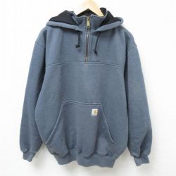 XL★古着 カーハート Carhartt 長袖 ハーフジップ スウェット パーカー メンズ 無地 濃グレー 内側メッシュ 霜降り 25feb18 中古 スエット トレーナー トップス