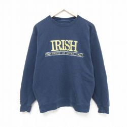 M★古着 ジャンスポーツ 長袖 スウェット メンズ 00年代 00s ノートルダム 大学 アイリッシュ 刺繍 クルーネック 紺 ネイビー 25feb18 中古 スエット トレーナー トップス