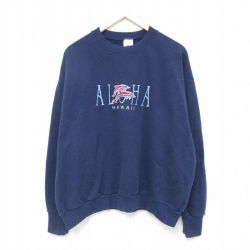 XL★古着 長袖 スウェット メンズ 90年代 90s イルカ ハワイ 刺繍 クルーネック USA製 紺 ネイビー 25feb18 中古 スエット トレーナー トップス