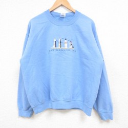 L★古着 長袖 スウェット メンズ 00年代 00s 灯台 刺繍 クルーネック 水色 25feb19 中古 スエット トレーナー トップス