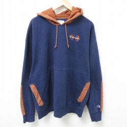 XL★古着 チャンピオン Champion 長袖 スウェット パーカー メンズ ワンポイントロゴ ツートンカラー 大きいサイズ クルーネック 紺他 ネイビー 25feb19 中古 スエット トレーナー トップス