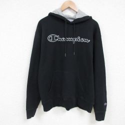 【50%OFF】L★古着 チャンピオン Champion 長袖 スウェット パーカー メンズ ビッグロゴ 刺繍 黒 ブラック 25feb20 中古 スエット トレーナー トップス
