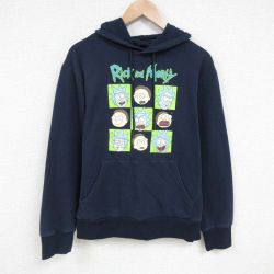 【50%OFF】L★古着 長袖 スウェット パーカー メンズ アニメ リックアンドモーティ 濃紺 ネイビー 25feb20 中古 スエット トレーナー トップス