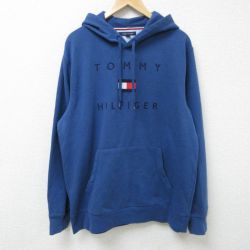 L★古着 トミーヒルフィガー TOMMY HILFIGER 長袖 ブランド スウェット パーカー メンズ ビッグロゴ 刺繍 青 ブルー 25feb26 中古 スエット トレーナー トップス
