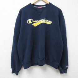 XL★古着 チャンピオン Champion 長袖 スウェット メンズ 00年代 00s ビッグロゴ クルーネック 紺 ネイビー 25feb26 中古 スエット トレーナー トップス