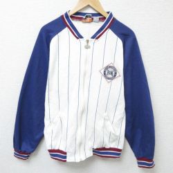 M★古着 スポルディング 長袖 フルジップ スウェット メンズ 90年代 90s ワンポイントロゴ ツートンカラー Vネック 白他 ホワイト ストライプ 25feb20 中古 スエット トレーナー トップス