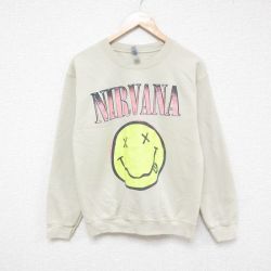 【20%OFF】S★古着 長袖 ロック バンド スウェット メンズ ニルバーナ ニルヴァーナ クルーネック ベージュ カーキ 25feb21 中古 スエット トレーナー トップス