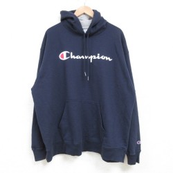 XL★古着 チャンピオン Champion 長袖 スウェット パーカー メンズ ビッグロゴ 大きいサイズ クルーネック 紺 ネイビー 25feb21 中古 スエット トレーナー トップス