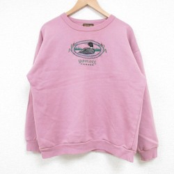 M★古着 長袖 スウェット メンズ 90年代 90s 鳥 刺繍 クルーネック カナダ製 ピンク 25feb21 中古 スエット トレーナー トップス