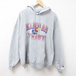 XL★古着 チャンピオン Champion 長袖 スウェット パーカー メンズ カンザス ジェイホークス 大きいサイズ グレー 霜降り 25feb21 中古 スエット トレーナー トップス