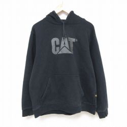 【50%OFF】XL★古着 長袖 スウェット パーカー メンズ CAT 刺繍 黒 ブラック 25feb22 中古 スエット トレーナー トップス