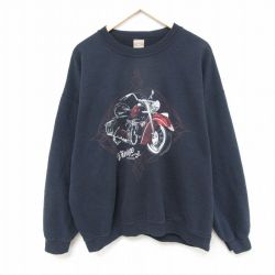 【50%OFF】XL★古着 長袖 スウェット メンズ バイク 大きいサイズ クルーネック 黒 ブラック 25feb22 中古 スエット トレーナー トップス