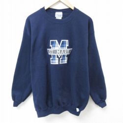 【50%OFF】L★古着 ディスカス 長袖 スウェット メンズ 90年代 90s ST MARY 刺繍 クルーネック 紺 ネイビー 25feb22 中古 スエット トレーナー トップス