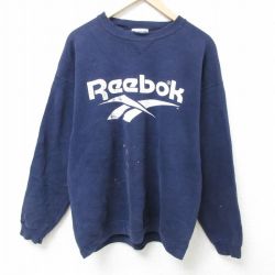 XL★古着 リーボック REEBOK 長袖 スウェット メンズ 90年代 90s ビッグロゴ ボロ クルーネック 紺 ネイビー 25feb22 中古 スエット トレーナー トップス