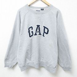 XL★古着 ギャップ GAP 長袖 スウェット メンズ 00年代 00s ビッグロゴ 刺繍 ラグラン クルーネック グレー 霜降り 25feb22 中古 スエット トレーナー トップス