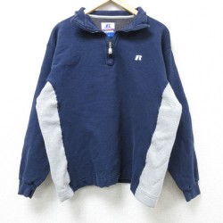 M★古着 ラッセル 長袖 ハーフジップ スウェット メンズ ワンポイントロゴ ツートンカラー 紺他 ネイビー 25feb25 中古 スエット トレーナー トップス
