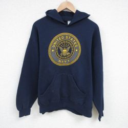L★古着 長袖 スウェット パーカー メンズ 90年代 90s ミリタリー ネイビー NAVY USA製 紺 25feb26 中古 スエット トレーナー トップス