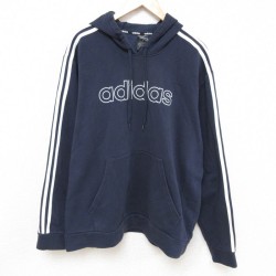 XL★古着 アディダス adidas 長袖 スウェット パーカー メンズ ビッグロゴ 大きいサイズ クルーネック 紺 ネイビー 3本ライン 25feb27 中古 スエット トレーナー トップス