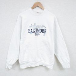 【50%OFF】L★古着 フルーツオブザルーム 長袖 スウェット メンズ 90年代 90s ボルチモア 刺繍 クルーネック USA製 白 ホワイト 25feb27 中古 スエット トレーナー トップス