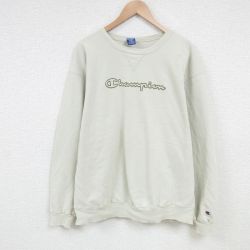 【50%OFF】XL★古着 チャンピオン Champion 長袖 スウェット メンズ 90年代 90s ビッグロゴ 刺繍 大きいサイズ クルーネック ベージュ カーキ 25feb27 中古 スエット トレーナー トップス