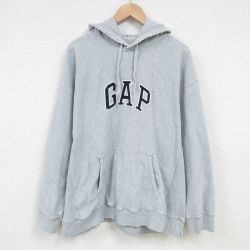 XL★古着 ギャップ GAP 長袖 スウェット パーカー メンズ 00年代 00s ビッグロゴ 刺繍 ボロ 大きいサイズ グレー 霜降り 25feb27 中古 スエット トレーナー トップス