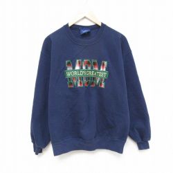 【20%OFF】M★古着 長袖 スウェット メンズ 90年代 90s MOM 刺繍 クルーネック USA製 紺 ネイビー 25feb28 中古 スエット トレーナー トップス