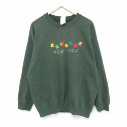 L★古着 長袖 スウェット メンズ 00年代 00s 葉 ニューヨーク 刺繍 クルーネック 緑 グリーン 25feb28 中古 スエット トレーナー トップス