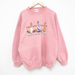 XL★古着 長袖 スウェット メンズ 90年代 90s ボストン 大きいサイズ クルーネック USA製 ピンク 25feb28 中古 スエット トレーナー トップス
