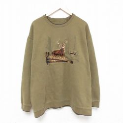 XL★古着 長袖 スウェット メンズ シカ 刺繍 大きいサイズ クルーネック 緑 グリーン 25feb28 中古 スエット トレーナー トップス