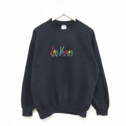L★古着 長袖 スウェット メンズ 00年代 00s ラスベガス 刺繍 クルーネック 黒 ブラック 25feb28 中古 スエット トレーナー トップス