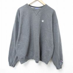 XL★古着 チャンピオン Champion 長袖 スウェット メンズ 00年代 00s ワンポイントロゴ 大きいサイズ クルーネック 濃グレー 霜降り 25mar01 中古 スエット トレーナー トップス