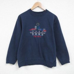 M★古着 長袖 スウェット メンズ プラハ 刺繍 クルーネック 紺 ネイビー 25mar01 中古 スエット トレーナー トップス