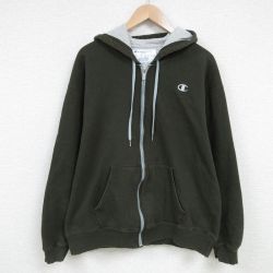 XL★古着 チャンピオン Champion 長袖 フルジップ スウェット パーカー メンズ ワンポイントロゴ 大きいサイズ クルーネック 濃緑 グリーン 25mar01 中古 スエット トレーナー トップス