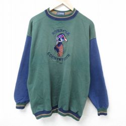 L★古着 長袖 スウェット メンズ 00年代 00s 鳥 ツートンカラー ヒジ当て 刺繍 クルーネック 緑 グリーン 【spe】 25mar01 中古 スエット トレーナー トップス